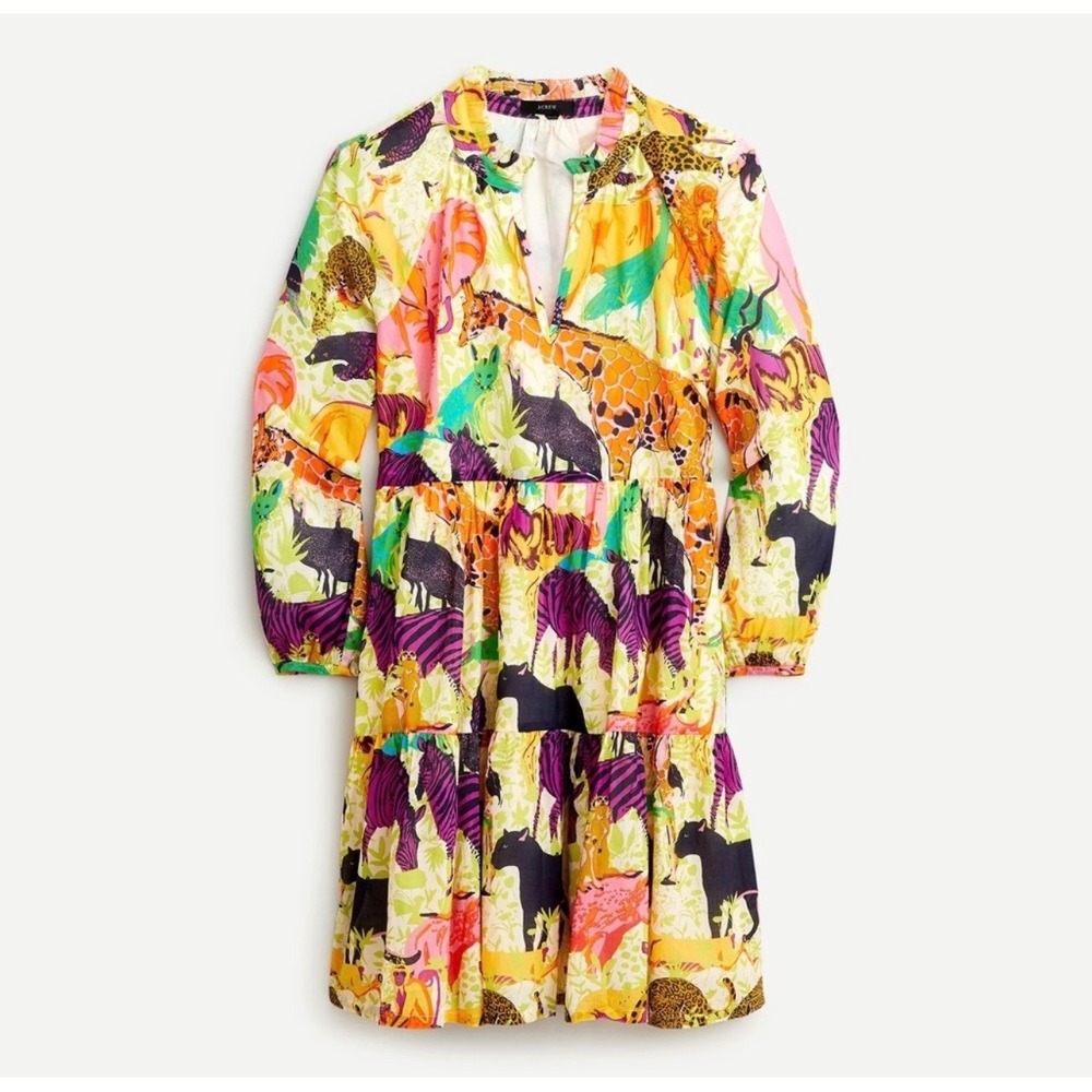 J.Crew Safari Animal Print‎ Tiered Mini Dress Cotton Multi Color XS